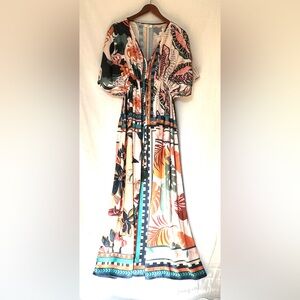 World Market Tropical Print Maxi Dress w. cap Sleeves & Elasticated Waist - L/XL